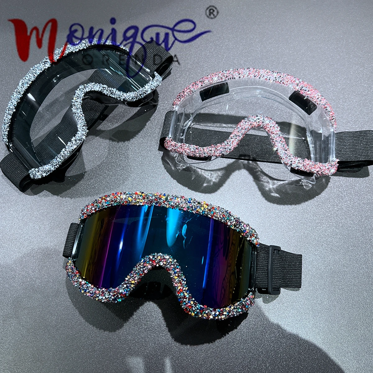 Full Rhinestone Ski Goggles, Windproof Ciclismo Motocicleta Goggles, Snowboard Ski Óculos, Óculos ao ar livre, Inverno