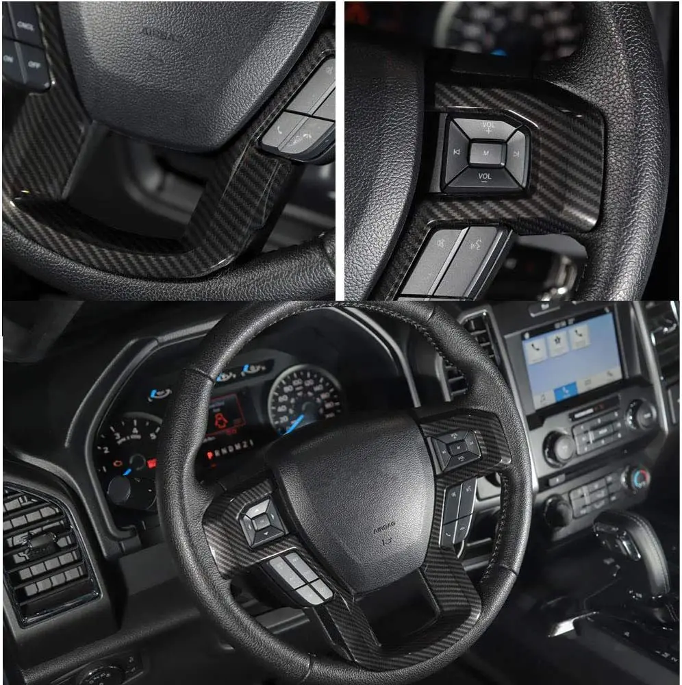 Black+ Carbon Steering Wheel Cover Trim Sticker Decoration For Ford F150 2015-2019 Car Interior Accessory