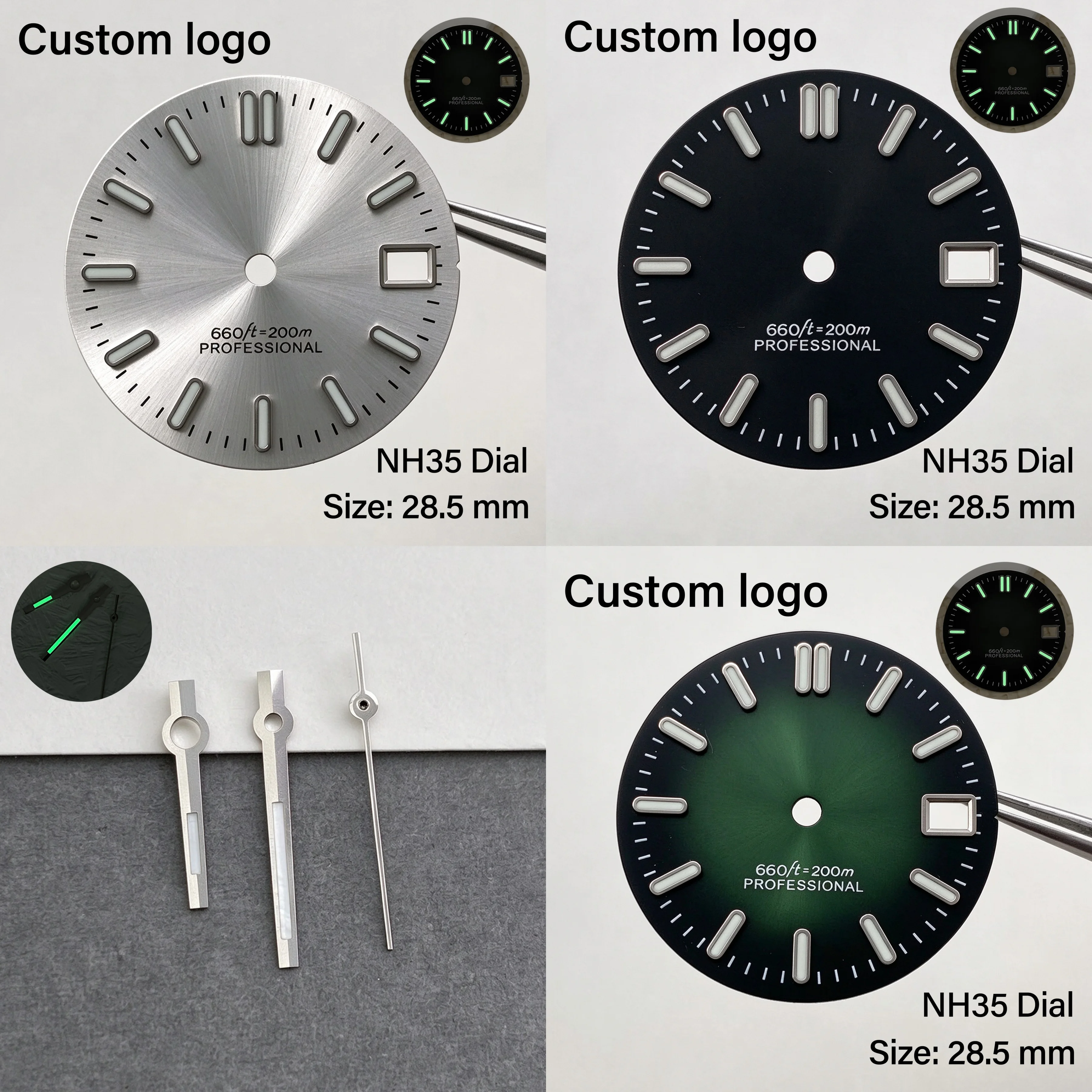 28.5mm NH35 SKX Mod Sunray Date Dial Green Luminous No Logo Fit SKX Mod NH35 NH36 Movement Watch Accessories Custom Logo