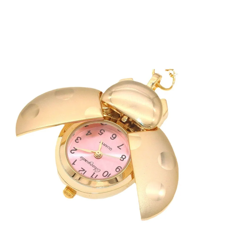 Novo relógio de estudante, joaninha dourada, relógio de colar feminino, relógio pendurado de concha, relógio de quartzo