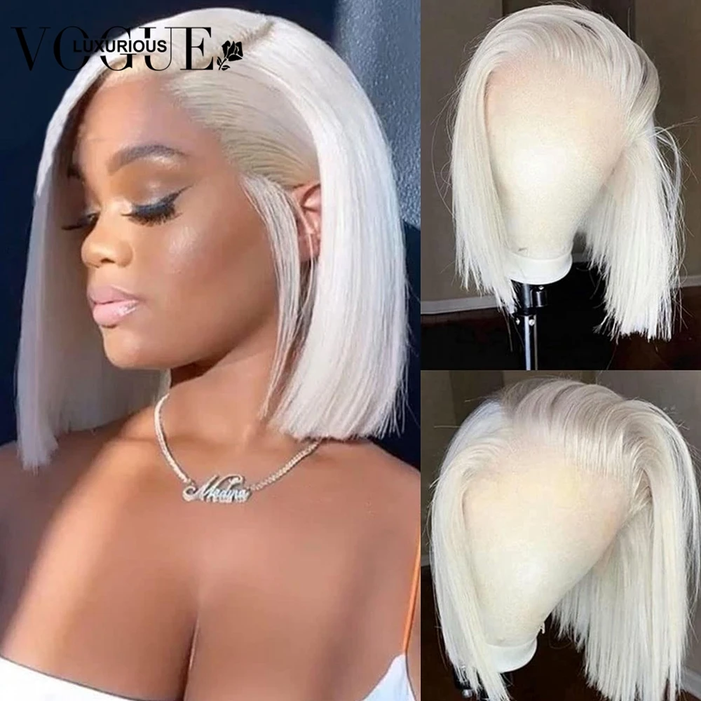 13x4 platin blonde Spitze Front Perücke brasilia nisches Menschenhaar transparent kurze Bob Pixie Cut leimlose Verschluss Perücken vor gezupft