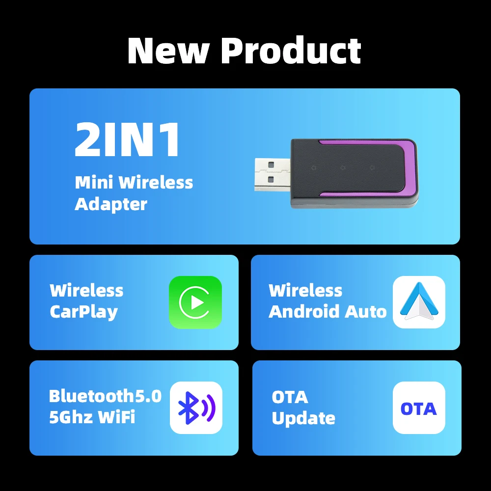 Wireless Android Auto Adapter Carplay WiFi 2in1 Smart Box Dongle 5.8Ghz For Toyota Hyundai Mazda Volvo Benz Audi Plug and Play