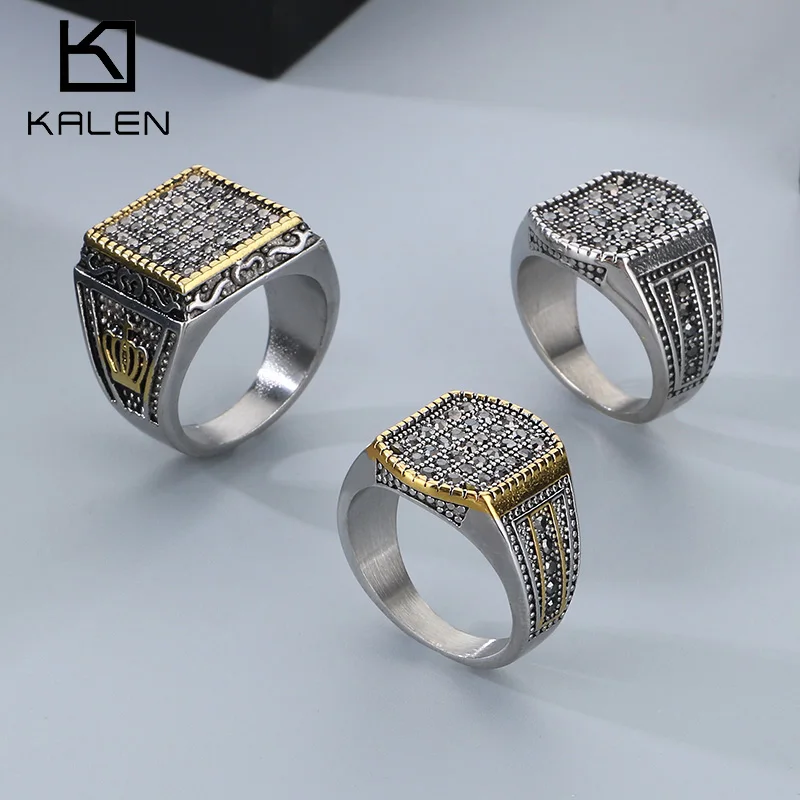 KALEN Simple Micro Inlaid Crystal Fashion Business Men\'s Banquet Ring Stainless Steel Geometry Ring Men