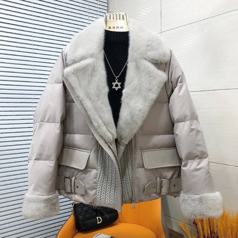 

2024 New Warm Winter Women Real Natural Mink Fur Collar Goose Down Coats Thick Coat Outwear Female Puffer Jackets