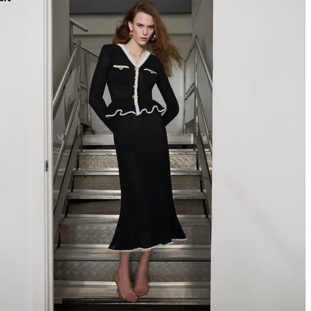 

Elegant Two Piece Formal Occasion Evening Dresses Customized V-neck Long Sleeve for Women's Prom Gowns with Fashion Button Dress