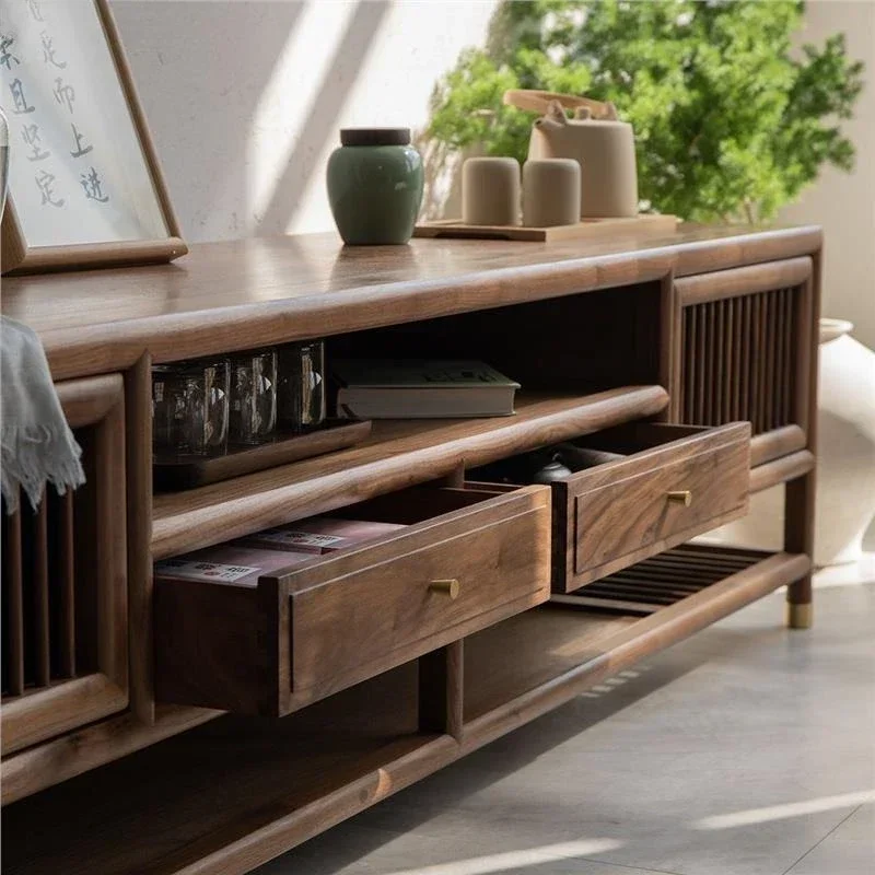 Lemari TV kayu solid baru bergaya Zen dari kayu walnut hitam modern sederhana kombinasi lemari lantai.