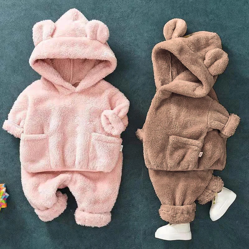 New Cute Baby Boys Girls Coral Velvet Warm Spring Autumn Winter Hoodied Clothes Sets Children Kids Thick Woolen Bear Hoody Suits