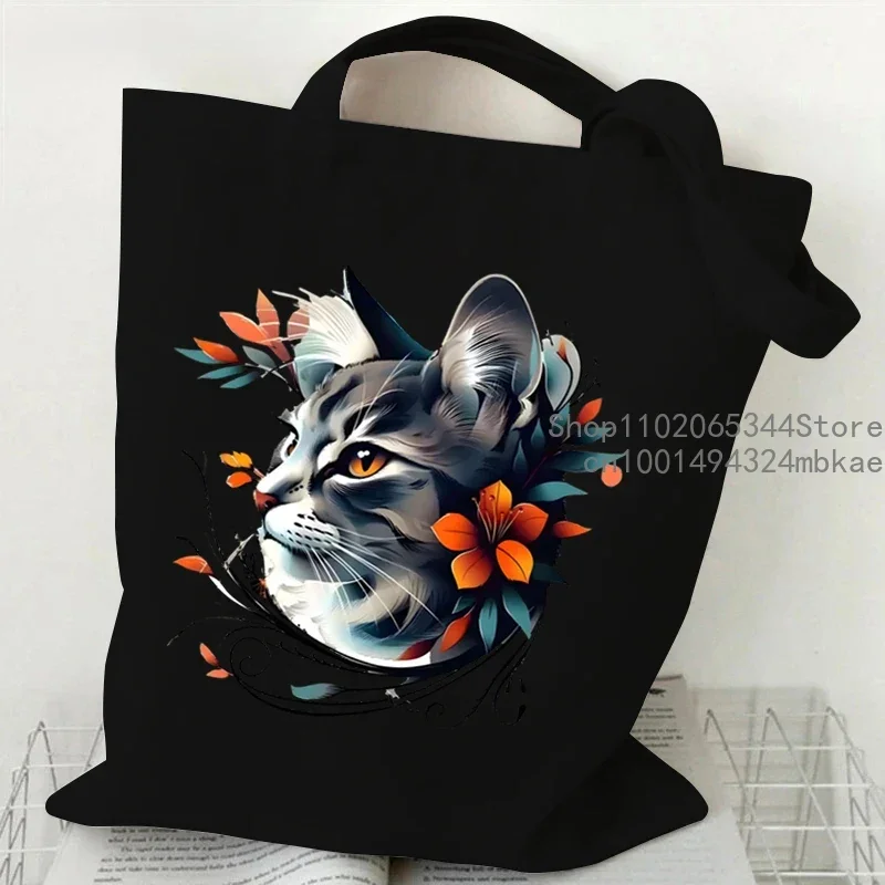 Borse tote in tela Borsa a tracolla da donna con gatti acquerello Borsa per la spesa di design con gattini a fiori carini Borsa per animali in stile