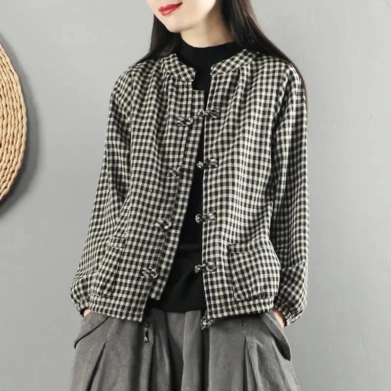 Y2K Spring Autumn Casual Jacket 2024 New Single-Breasted Round Collar Women's Clothes Top Fashion Coil Buckle Plaid Coat Female