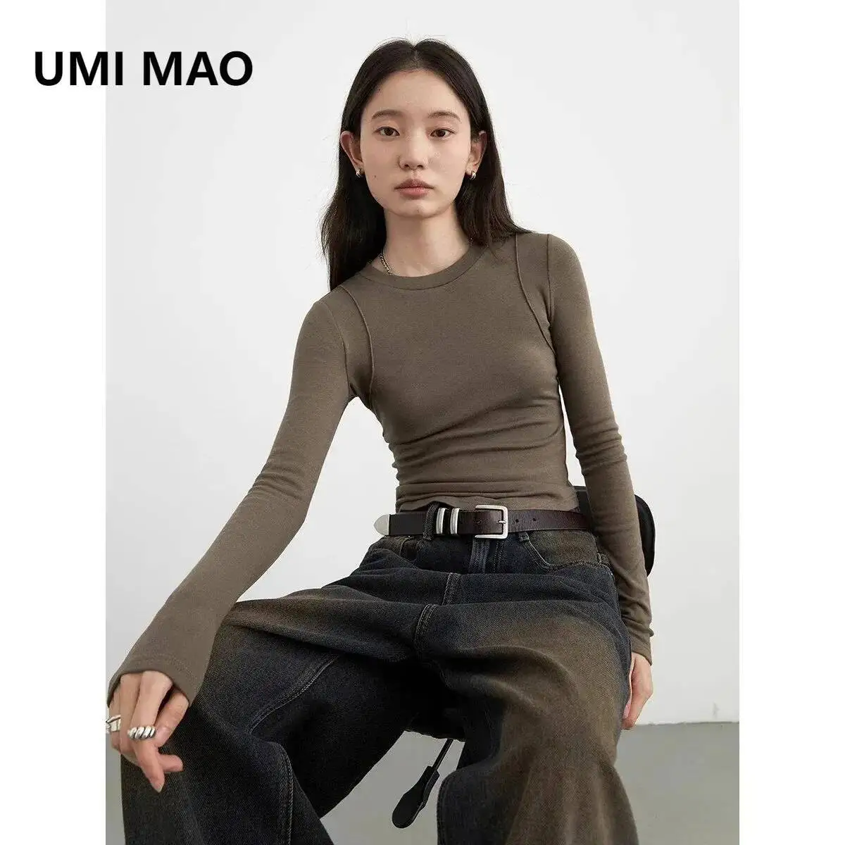 UIM MAO Women T-Shirts Solid New Basic Heating Cashmere Round Neck Women Tees Slim Fit Female Tops Spring Autumn Femme