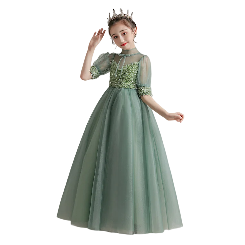 Summer Beading Tulle Knee-length Sage Green Flower Girl Princess Dress 1st Birthday Ceremonies Wedding Party Holiday Dress Pink