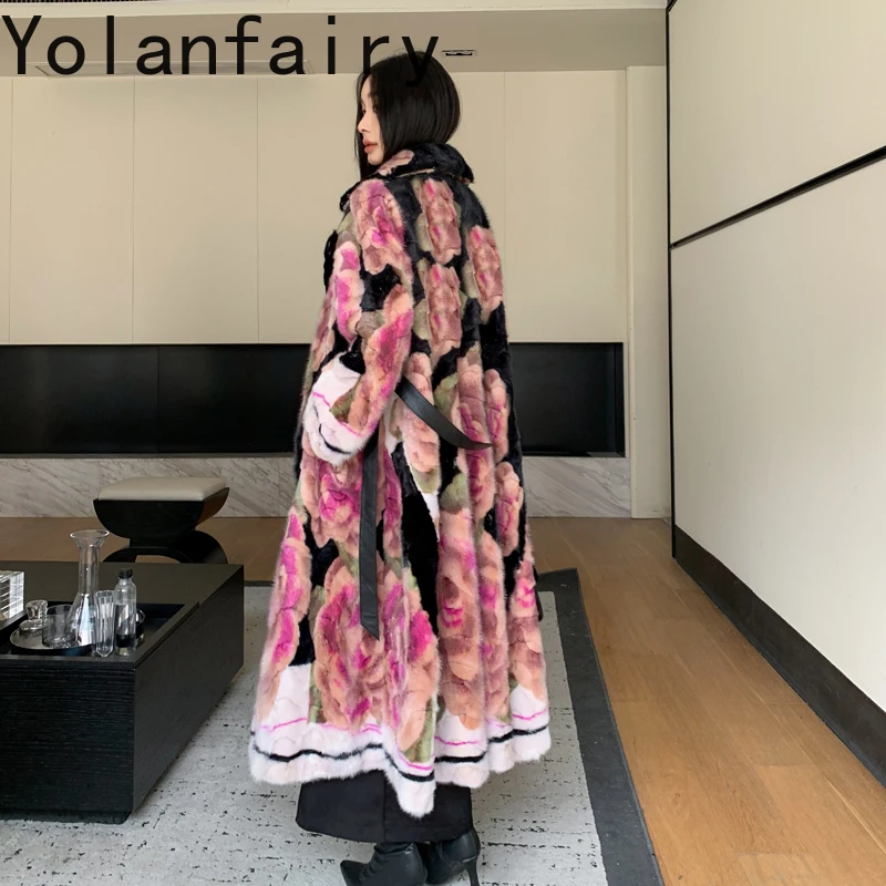 YOLANFAIRY abrigo de piel auténtica para mujer, abrigo largo holgado de invierno, chaqueta de piel de visón empalmado, traje de mujer con cuello, abrigos de piel florales, chaquetas