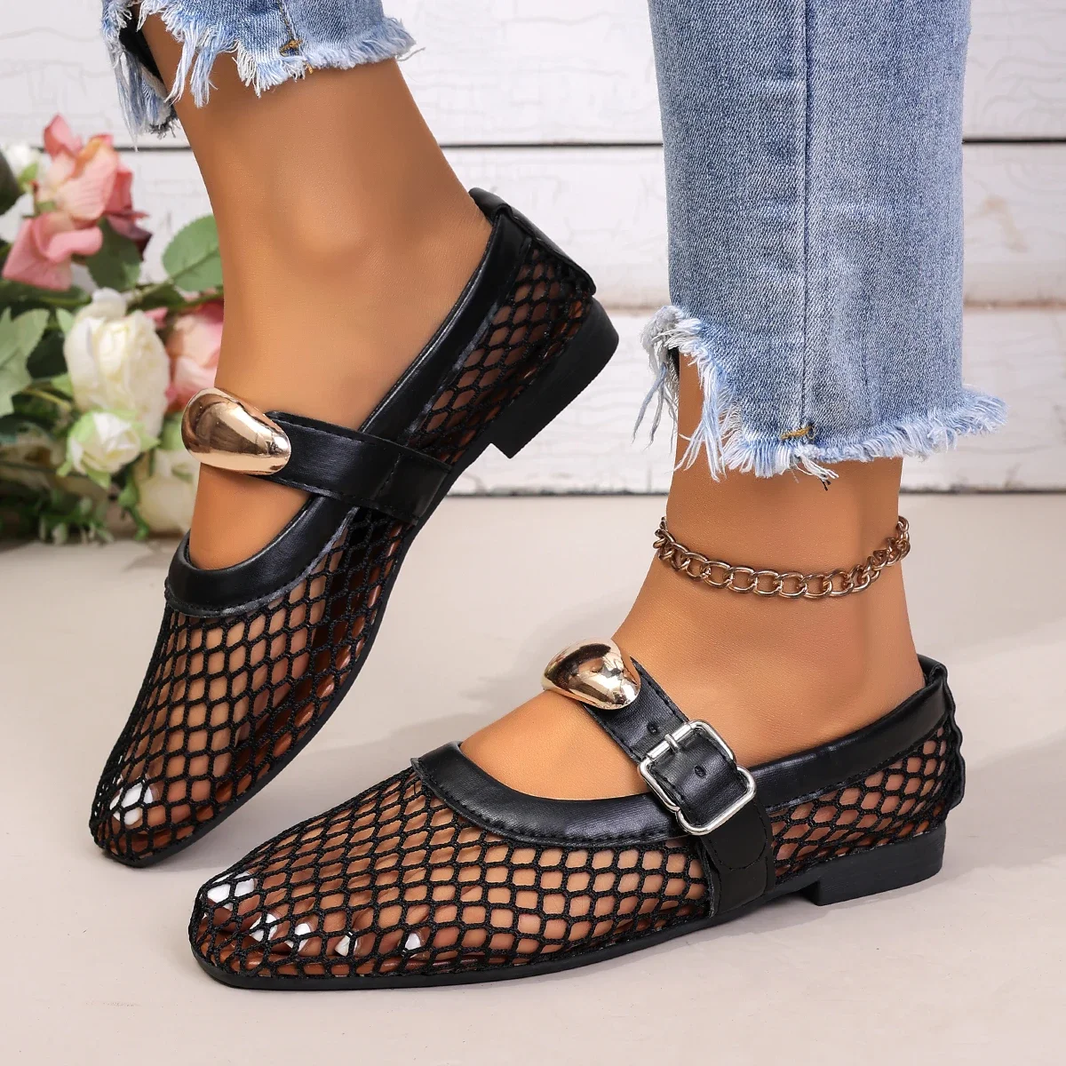 Summer Women Sandals Net Flat Fashion Sandals  Round Head Breathable Non-slip Line Button Shoes Mary Jane Fishnet Shoes Ladies