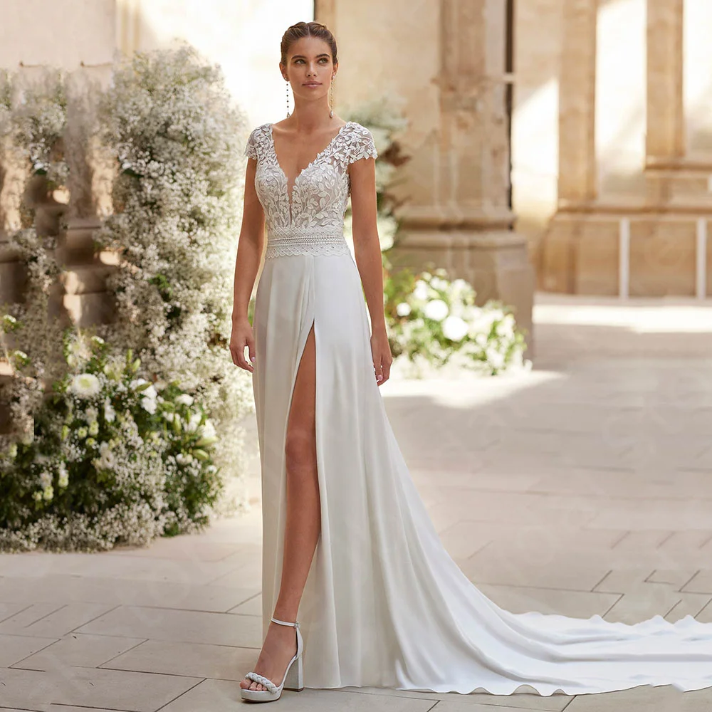 

Customized Summer Boho Wedding Dresses Beach 2025 Bridal Gowns Lace Thigh Slit Bride Dresses V Neck Wedding Gowns Short Sleeves