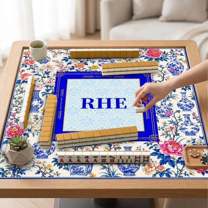 VIKAMA Custom Initial Blue White Vase Floral Mahjong Mat Non Slip Washable Soft Pad for US Mahjong Lovers