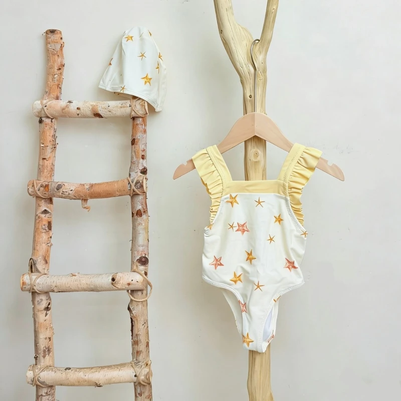 2026 Summer New Girls' Camisole Cute Color Ruffled One-piece Printed Quick Drying Swimsuit