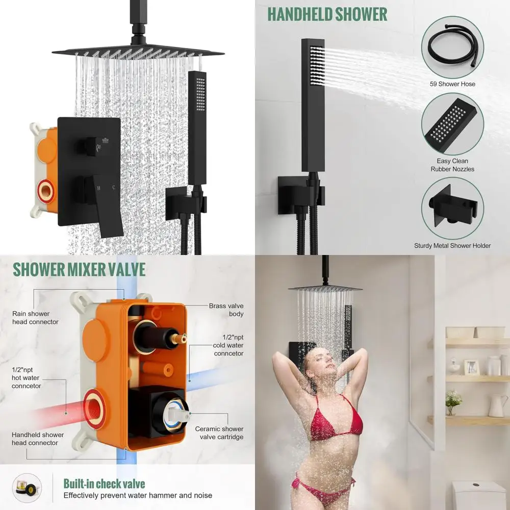 

10. Матовый черный душевой набор высокого давления с ручным и потолочным креплением для современной ванной комнаты.