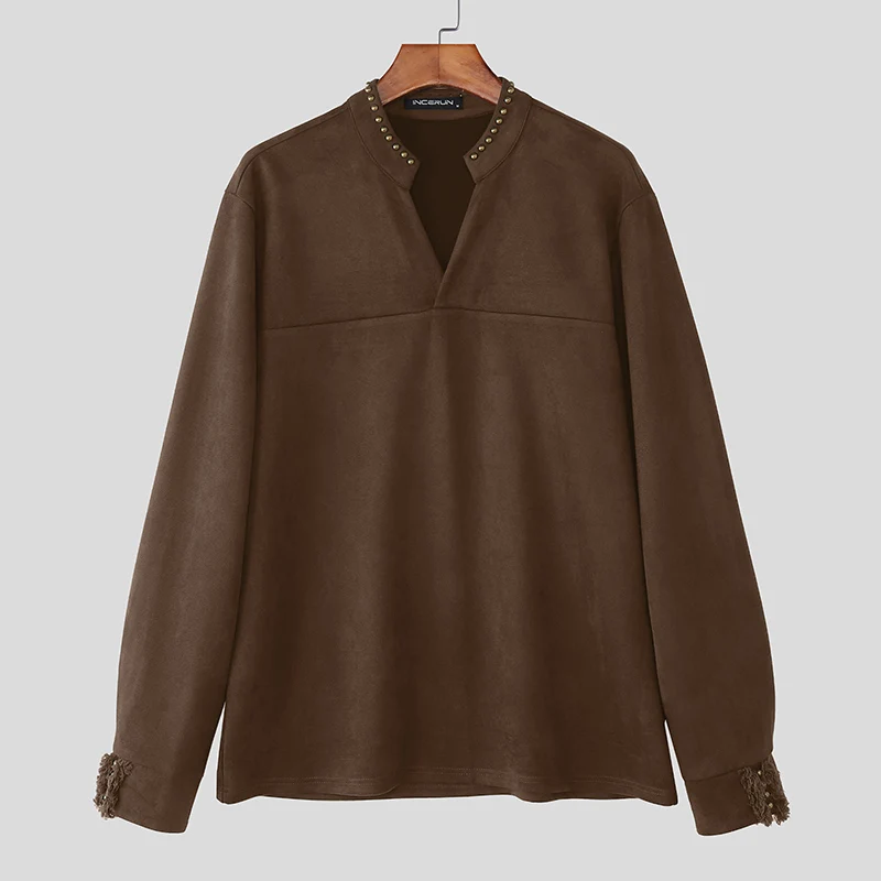 

INCERUN Men T Shirt Solid Color V Neck Long Sleeve Loose Men Clothing Streetwear 2025 Korean Style Fashion Casual Male Tee Tops