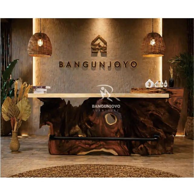 Modern Solid Wood Bar Table Natural Grain Counter Table Rustic Reception Desk For Hotel Living Room Patio