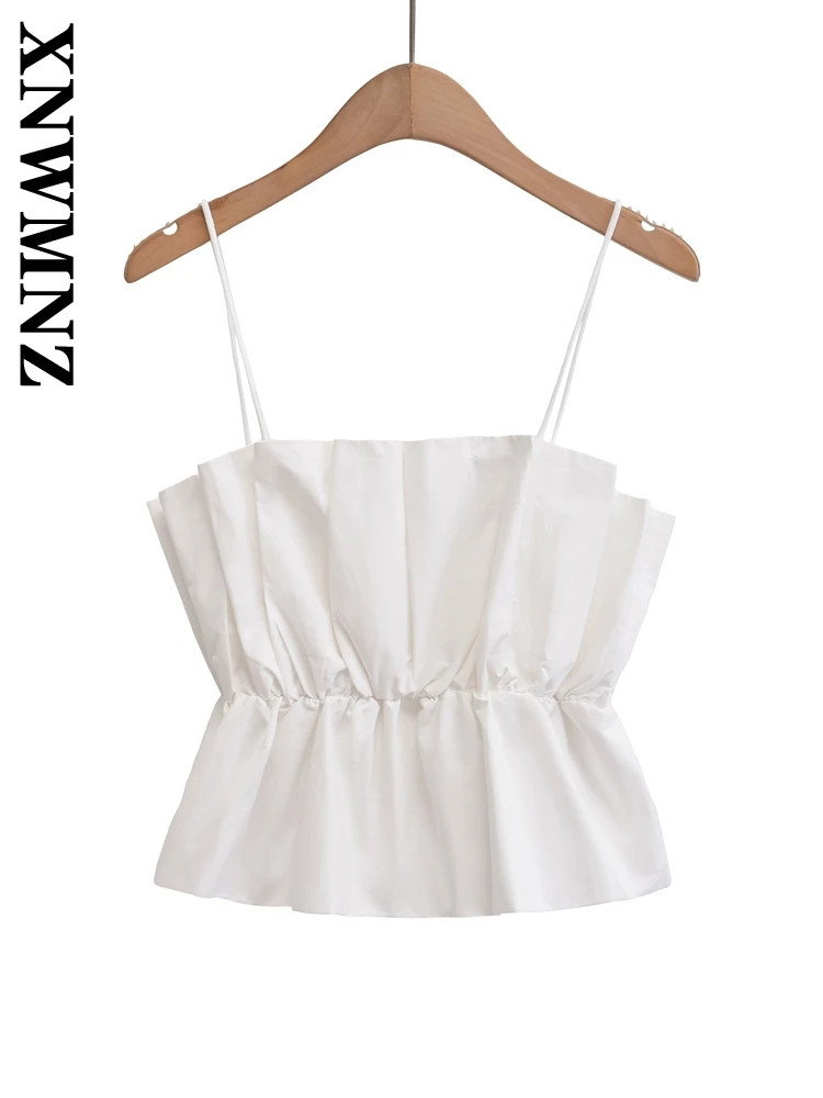 XNWMNZ 2024 New Woman's Summer Sexy Vest Ladylike Fashion Short Sleeveless Thin Camisole Slim Solid Color Ruffles elastic band T