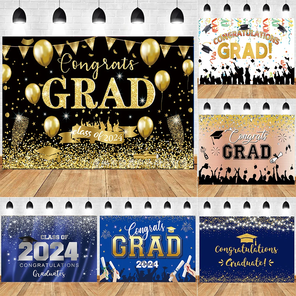 2024 Graduation Theme Photography Backdrops Graduation Ceremony Party Decor Bachelor Hat Pink and Gold Glitter Balloons Banner