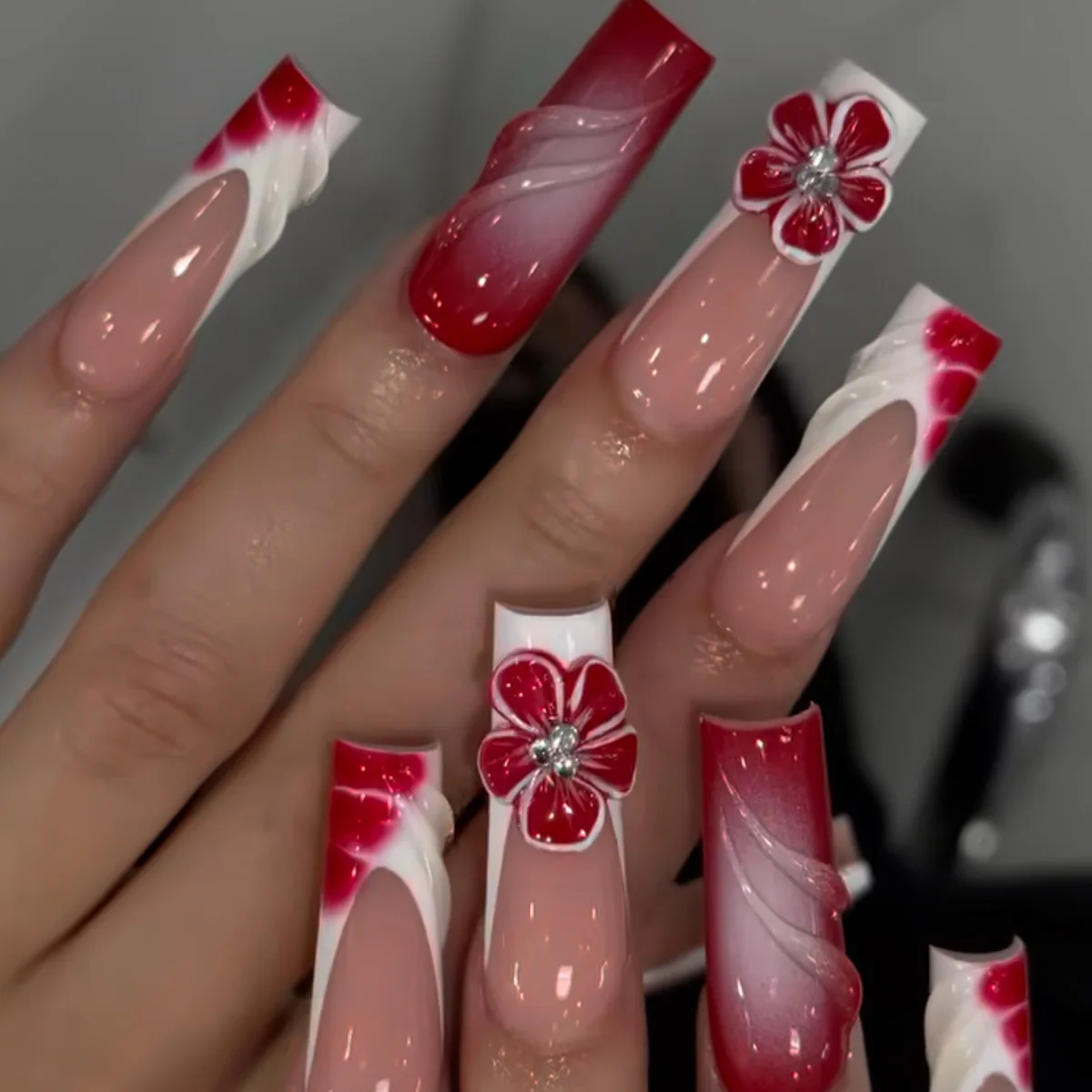 

24Pcs Red Smudge French Full Cover Nails Tips Art Long Square Head Fake Nails 3D Flower Rhinestone Wearable Press on False Nails