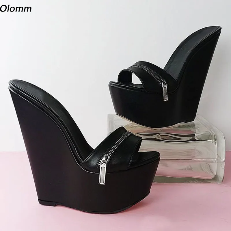 Olomm Women Summer Mules Sandals Slip On Sexy Wedges Heels Round Toe Beautiful Black Party Shoes US Plus Size 5-20