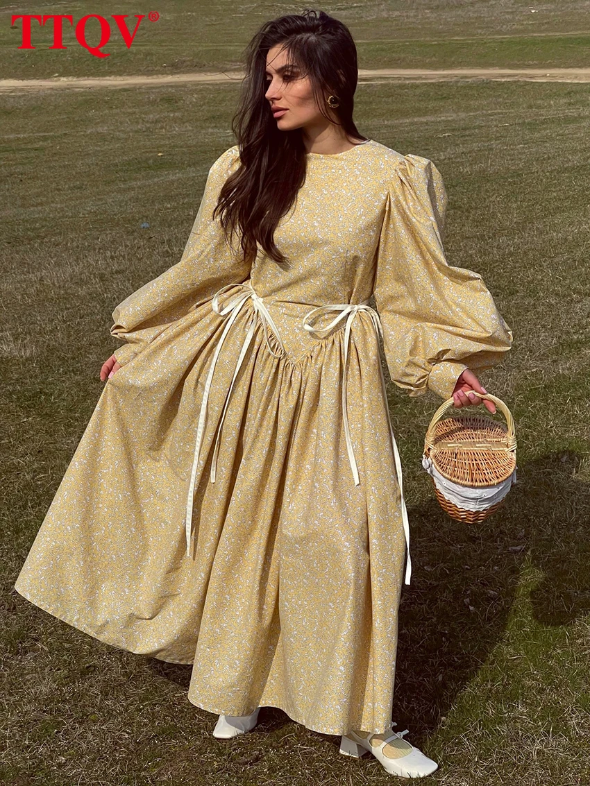 

TTQV Модное свободное женское повседневное платье с принтом, осень 2026, с круглым вырезом, пышными рукавами, макси-платье, элегантное классическое женское платье на шнуровке