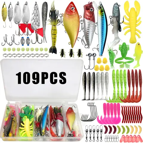 Fishing Lures Kit 60/109/141/219pcs Bait Set With Soft Lure Metal Spoons Hard Minnow Crankbait And Accessories With Tackle Box