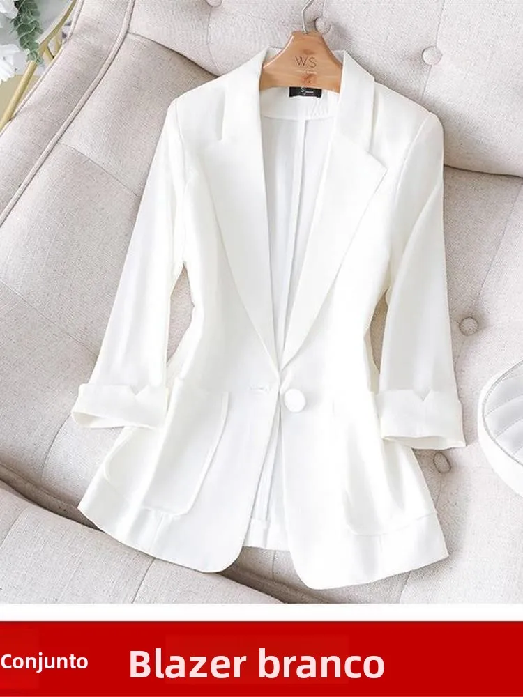 Jaqueta Feminina Curta Fina de Verão, Novo Estilo Casual, Efeito Emagrecedor, Manga Sete, Comprimento Médio, Tamanho Pequeno,...