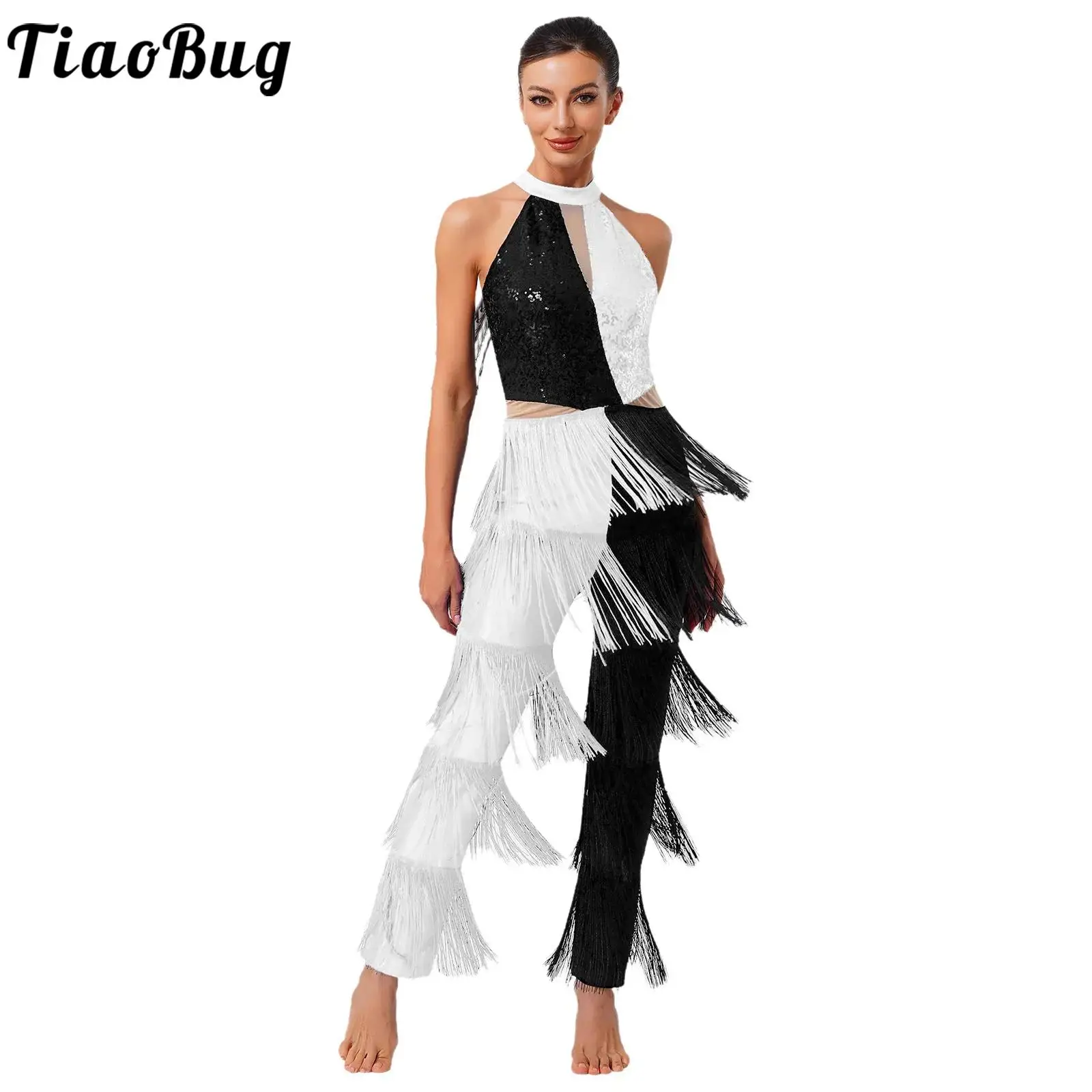 

Women Tassel Fringe Latin Cha-cha Dance Performance Bodysuits Sleeveless Lyrical Party Latin Samba Rumba Stage Performance Wear