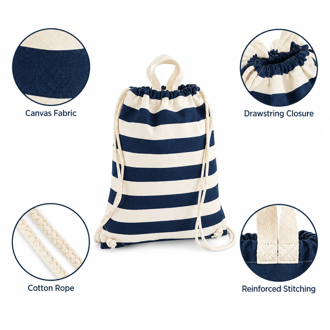 Canvas Drawstring Backpack with Striped Navy Design, Lightweight School & Travel Bag, Dual Shoulder Rope Straps, Foldable Tote B