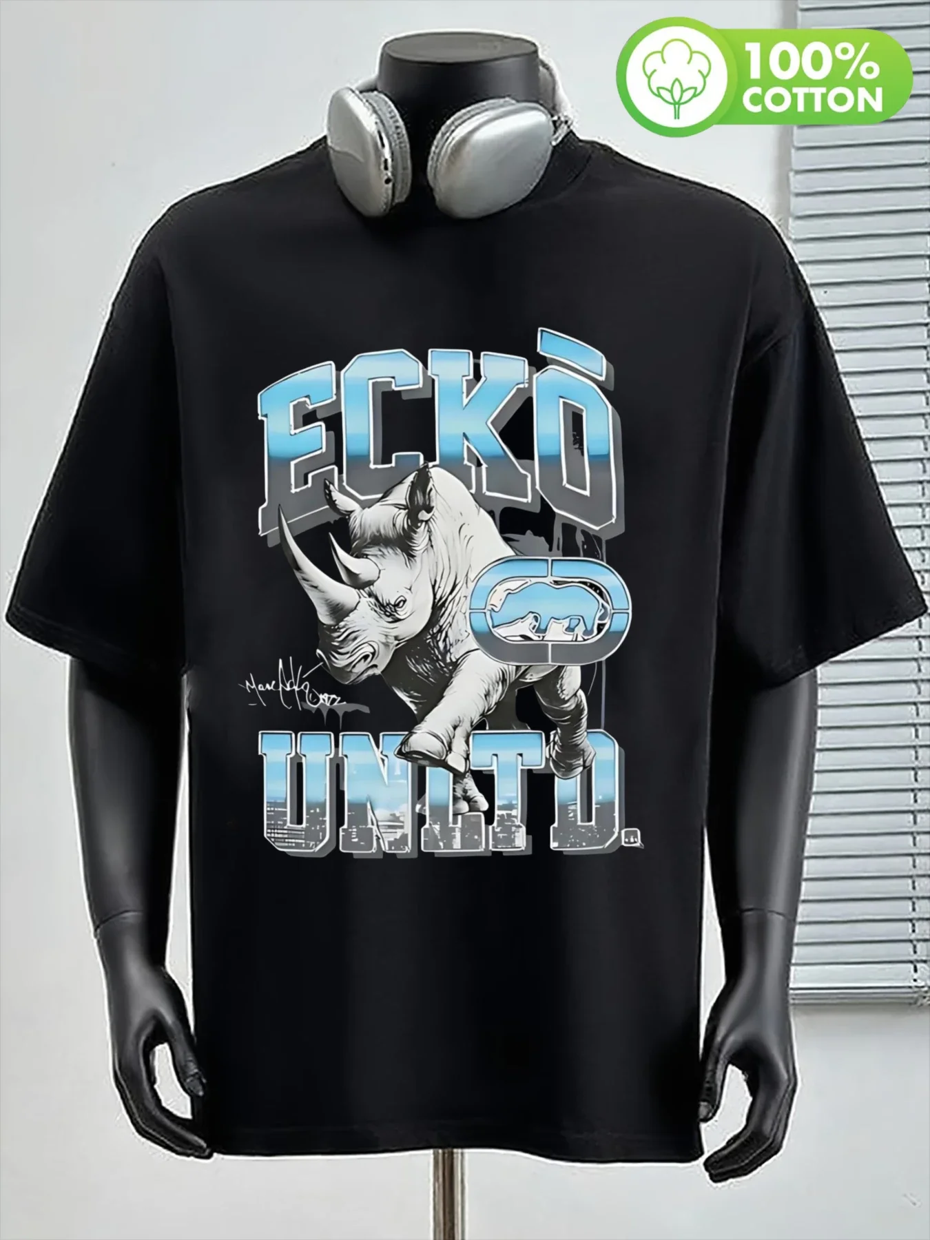 Oversized Ecko Unltd Sketch Rhino Cotton Tee Popular Korea US Old School Streetwear Gradient Print Loose Fit T Shirt