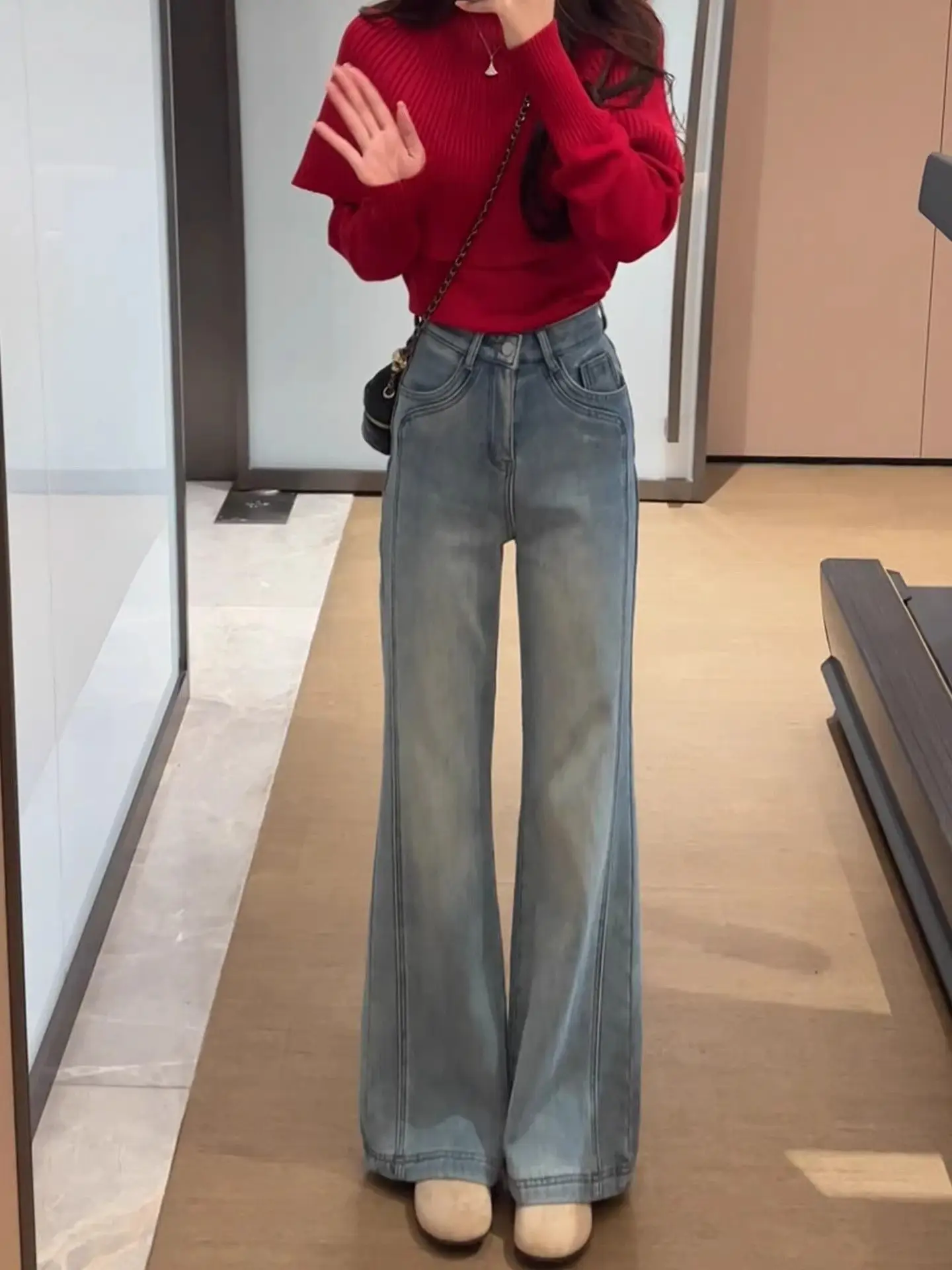 

Light Blue High Waist Fce Lined Flared Jeans Women's Winter New Slim Straight Floor Length Bell Bot Casual Sle
