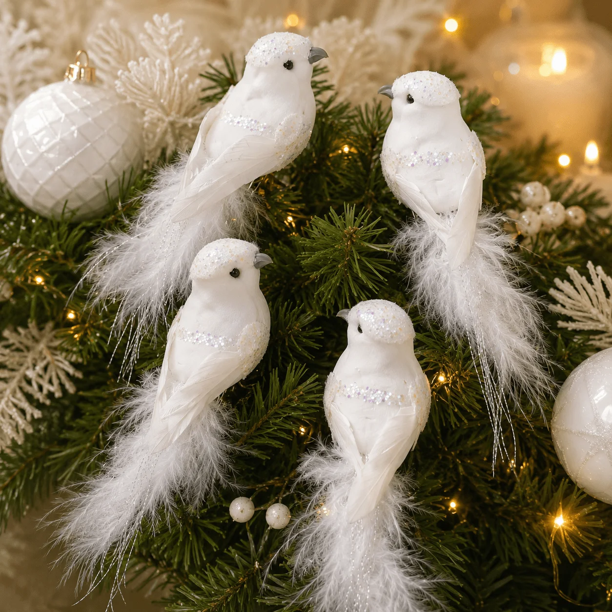 4pcs Set White Glitter Feather Bird Ornaments, 2 Pairs of Faux Small Bird Clips,Christmas Tree Wreath Branch Clip-On Decorations
