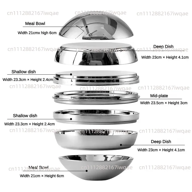 Suitable for 7-piece set of 304 stainless steel spherical bowls and plates, artistic decoration, glossy double-layer insulation