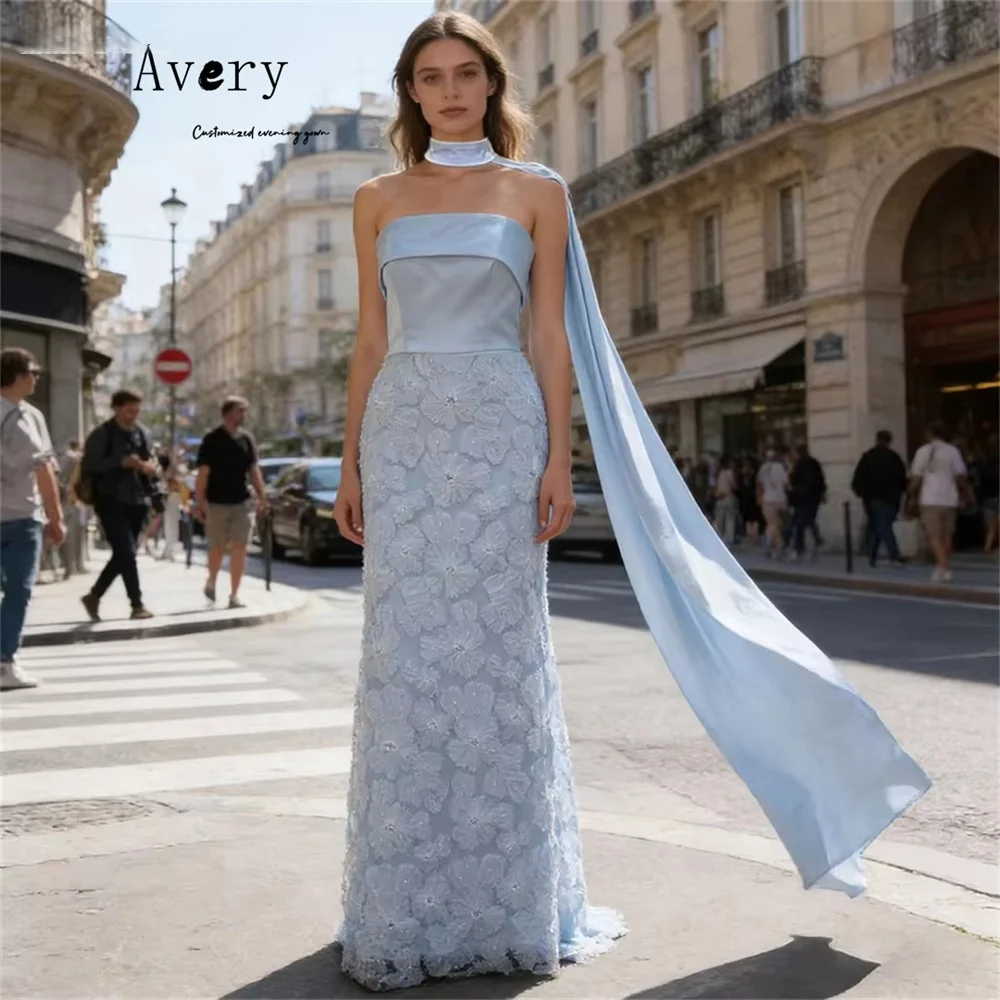 

Avery Custom Sky Blue Tube Top Fishtail Flower Women's Evening Dress for Event Luxury Women's Elegant Party Dress Dresses Prom
