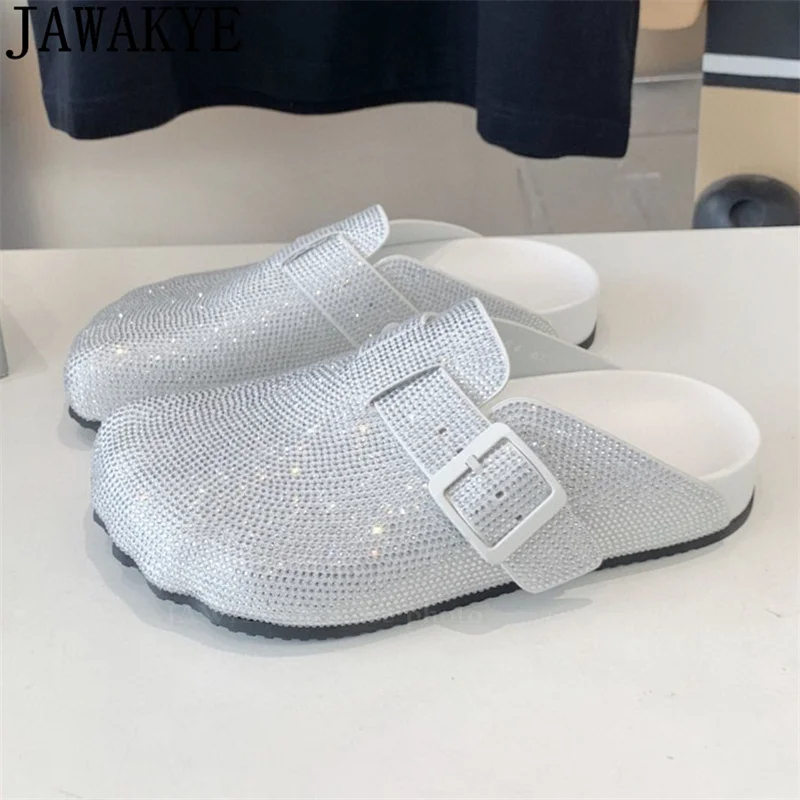 

Luxury Rhinestone Flat Slippers for Men Round Wrap Toe Home Crystal Slippers Fashion Casual Vacation lovers loafers Slippers Man