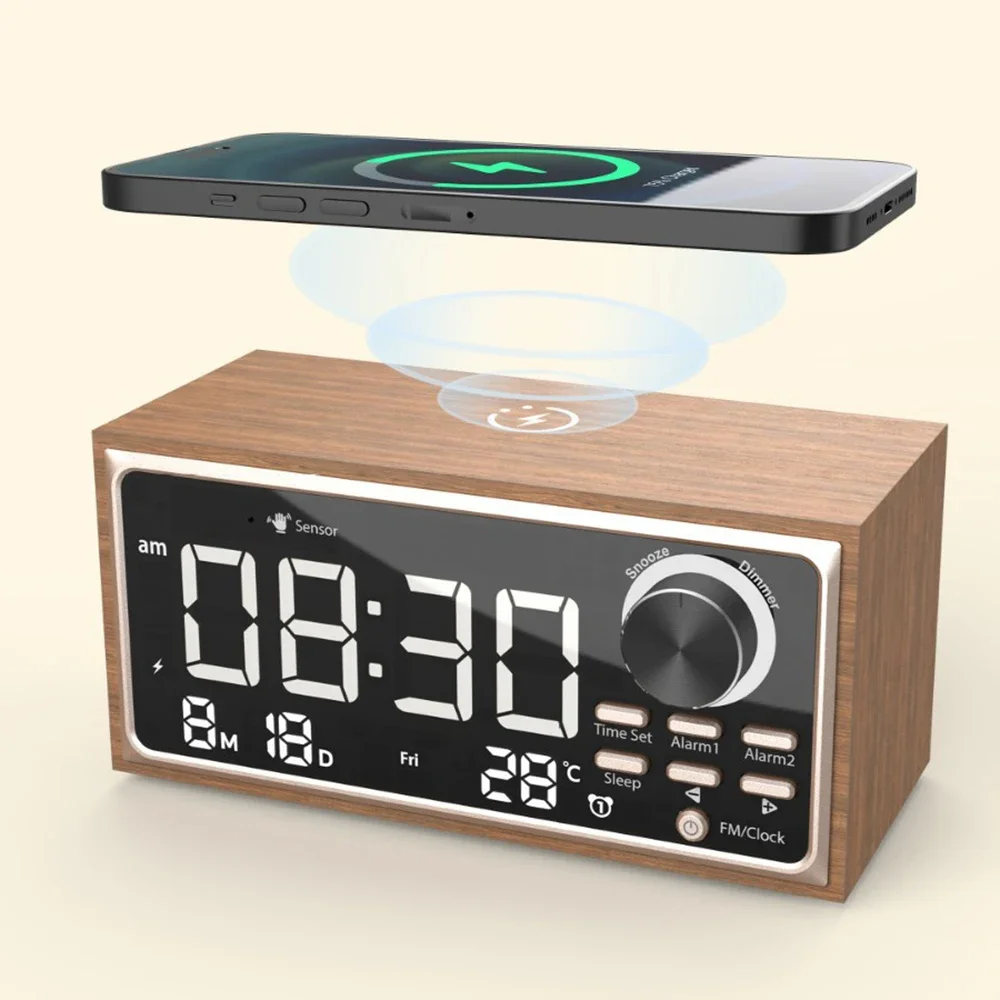 Vintage Alarm Clock Solid Wood Clock FM Radio with Wireless Charging LED Display Dimmer Control Bedroom decorations Wall clock