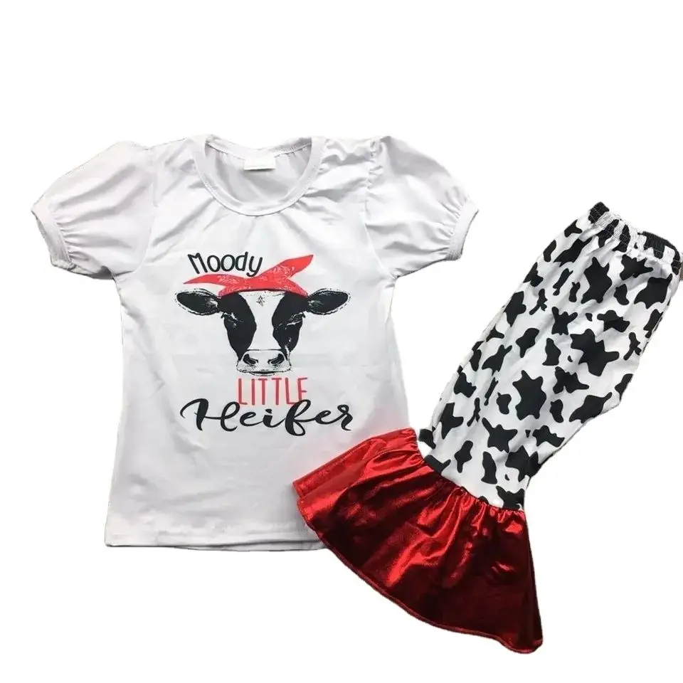 Boutique Girls Set Cute Calf Print Short-sleeved Top Red Stitching Cows Print Bell Bottom Pants 2-piece Set