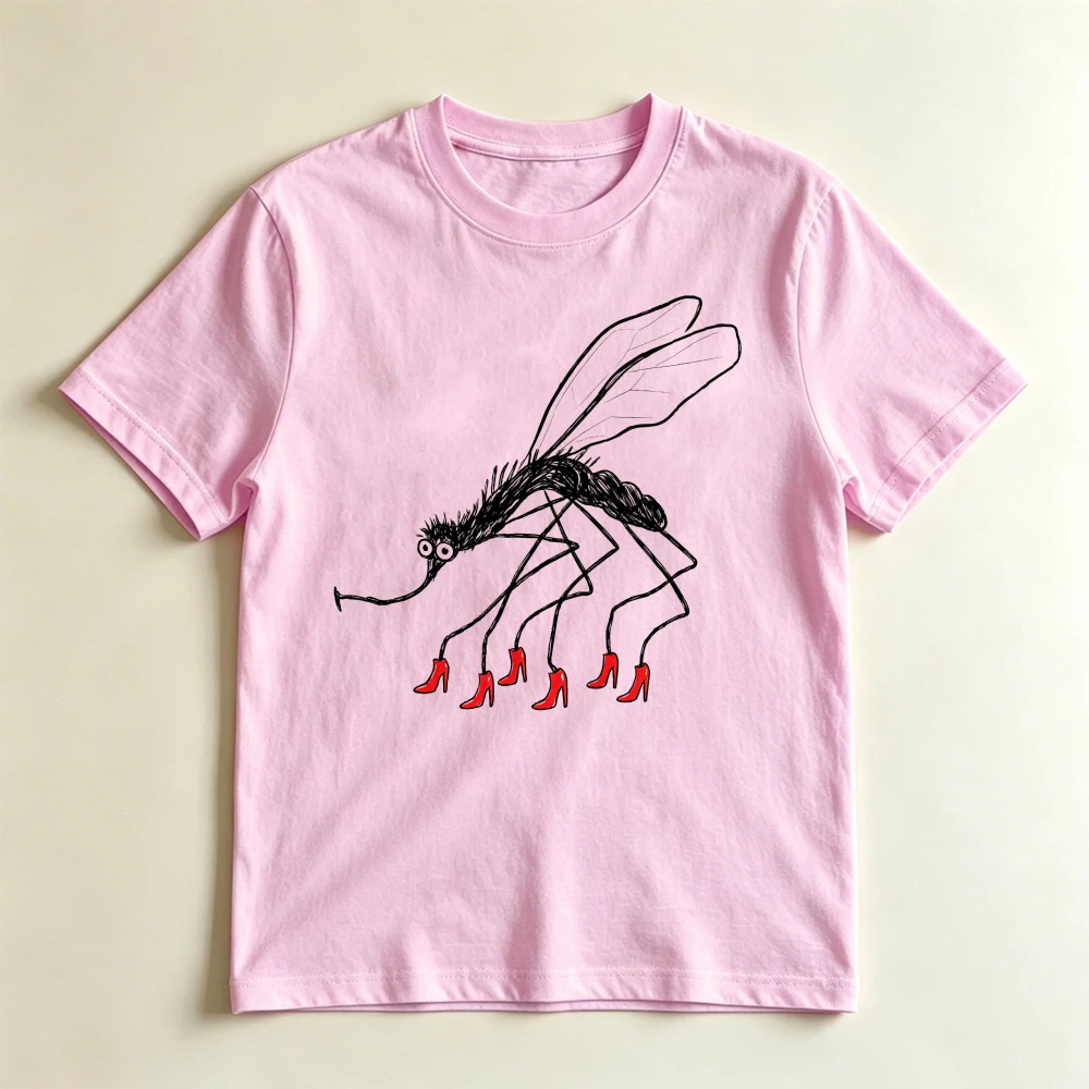 Funny Mosquito Red High Heels Cartoon Graphic Tee Women T Shirt Summer Black Casual Daily Wear Shirt Humor Insect Print Top