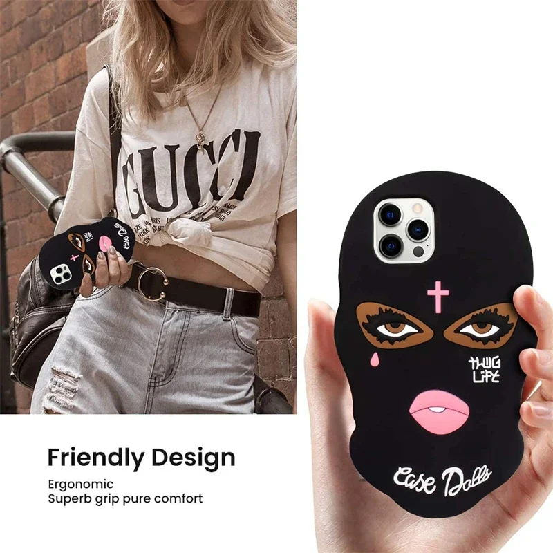 3D Cartoon Schwarze Frau Gesichtsmaske Mädchen Silikonhülle für iPhone 17 16 15 14 13 12 11 Pro Max XS XR X 17Pro 16Pro Weiche Handyhülle – Detail 5