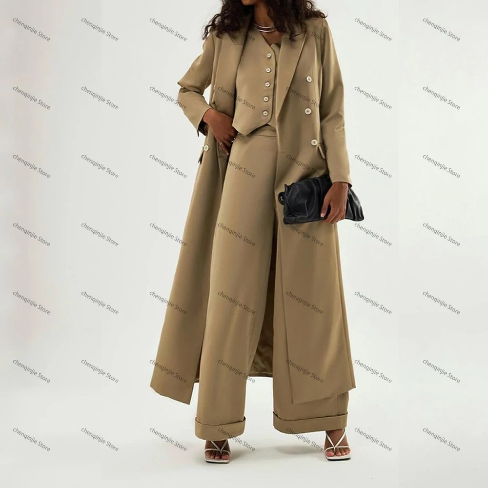 Custom Khaki Solid Color Long Suits Double Breasted Peak Lapel Flat Front 3 Piece Jacket Pants Vest Ouffice Elegant Female Sets