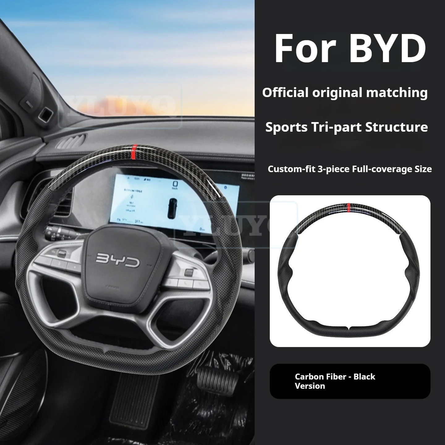 For BYD Carbon Fiber Steering Wheel Cover Decorative Shell Protector, Suitable for All Seasons, Car Interior Accessories