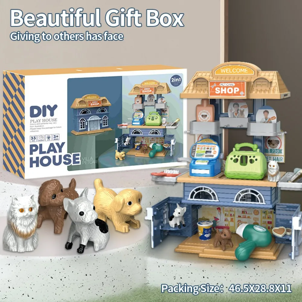 2in1 Simulatie Dessert Koken Villa Huisdier Schoonheid Huis Set Hond Animael DIY Poppenhuis Keuken Voedsel Decor Model Kinderspeelgoed
