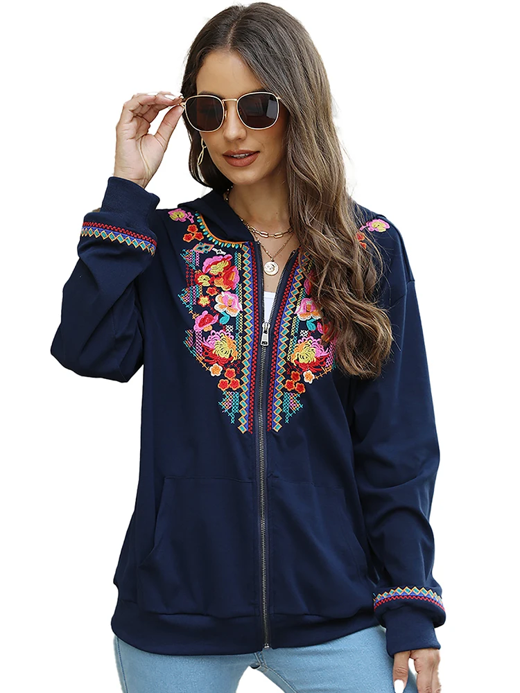 KHALEE YOSE Boho Floral Embroidery Hoodies Jackets Spring Autumn Long Sleeve Pockets Women Vintage Hooded Outwear Streetwear 3XL