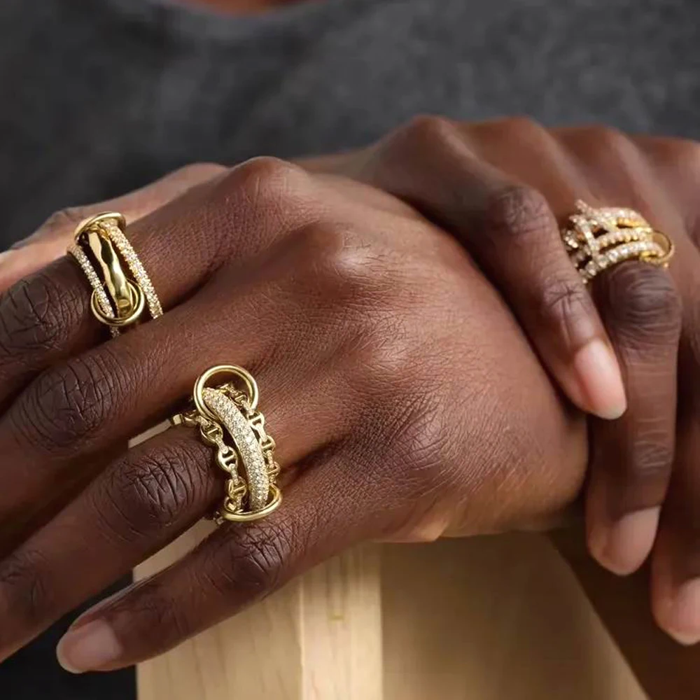 

Three Layered Stackable Ring Paved Bling CZ Multi Pieces Full Finger Wedding Jewelry Geometric Knuckle Band Rings for Women