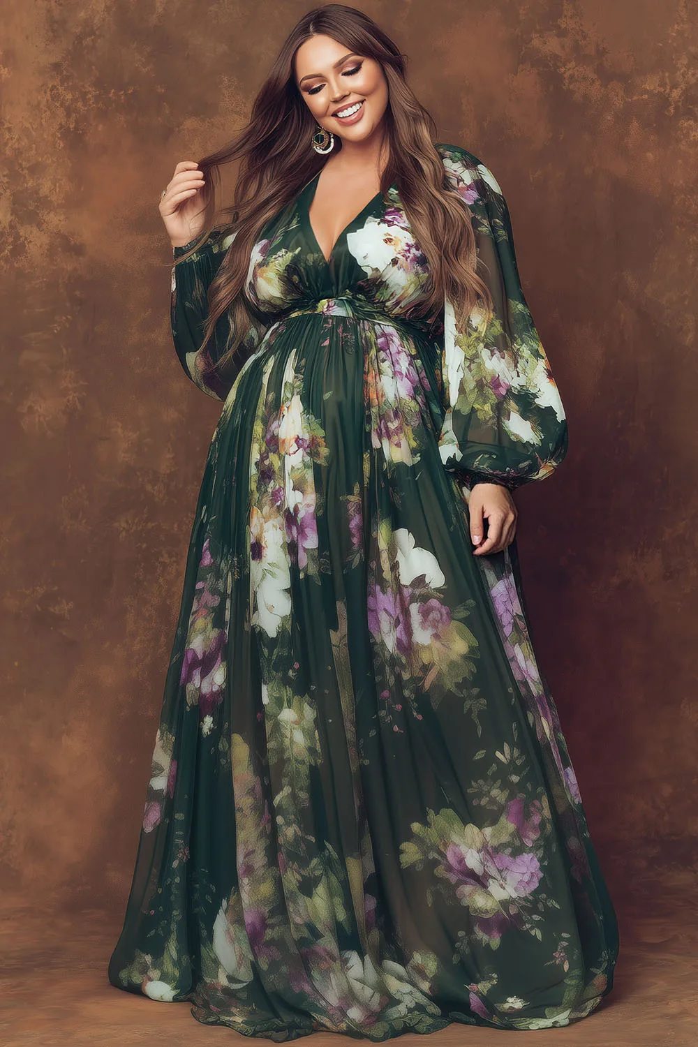 

Flycurvy Plus Size Wedding Guest Dark Green Chiffon Floral Print Lantern Sleeve Maxi Dress