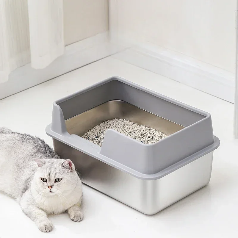 Large Semi Enclosed Sandbox Cats Stainless Steel Cat Litter Tray Heighten Fence Cat Toilet Odor Proof and Splash Pets Supplies