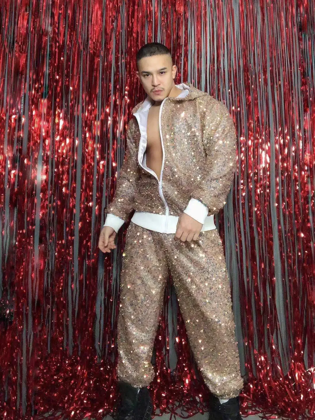 Men's Loose Sequins Hooded Jacket Pants 2-Piece Set Tide Male Rock Singer Hip Hop Dancer Stage Outfit Nightclub Bar Performance